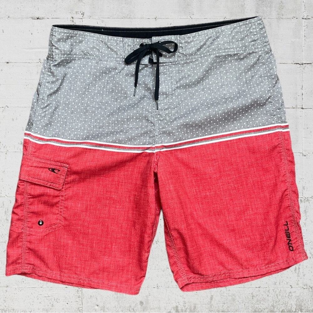O’Neill Red & Grey Polkadot Surf Swim Board Shorts Size 34